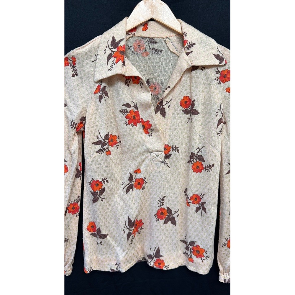 Vintage 70s Floral Pointed Collar Long Sleeve Top Small Indie Boho Cottagecore